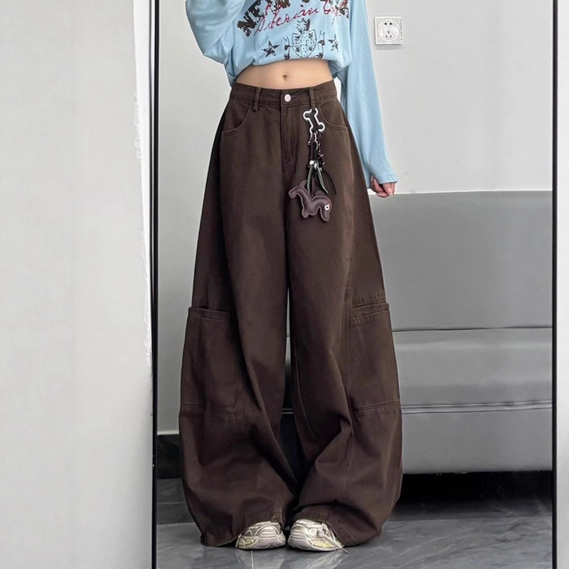 Petite Women's Pants in Maillard Brown Coffee Color, Workwear-Style Wide-Leg Pants, Straight Loose High-Waisted Wide-Leg Jeans for Women