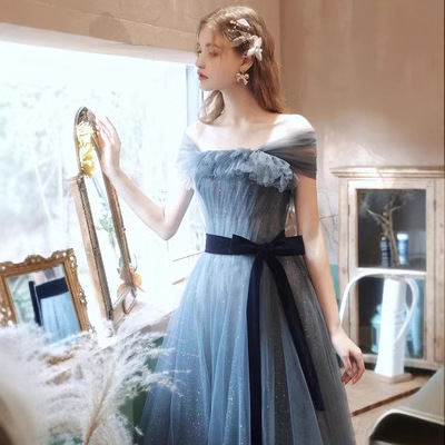 Blue Evening Dress Women's Banquet Elegant Socialite Light Luxury High-end Host Off-shoulder Adult Ceremony Graduation Fairy Dress
