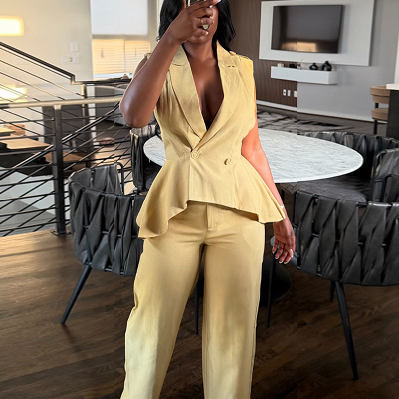 Women's Summer Fashion V Neck Button Up Ruffled Wide Leg Pants Set Solid Color American Style_ecoleips.com