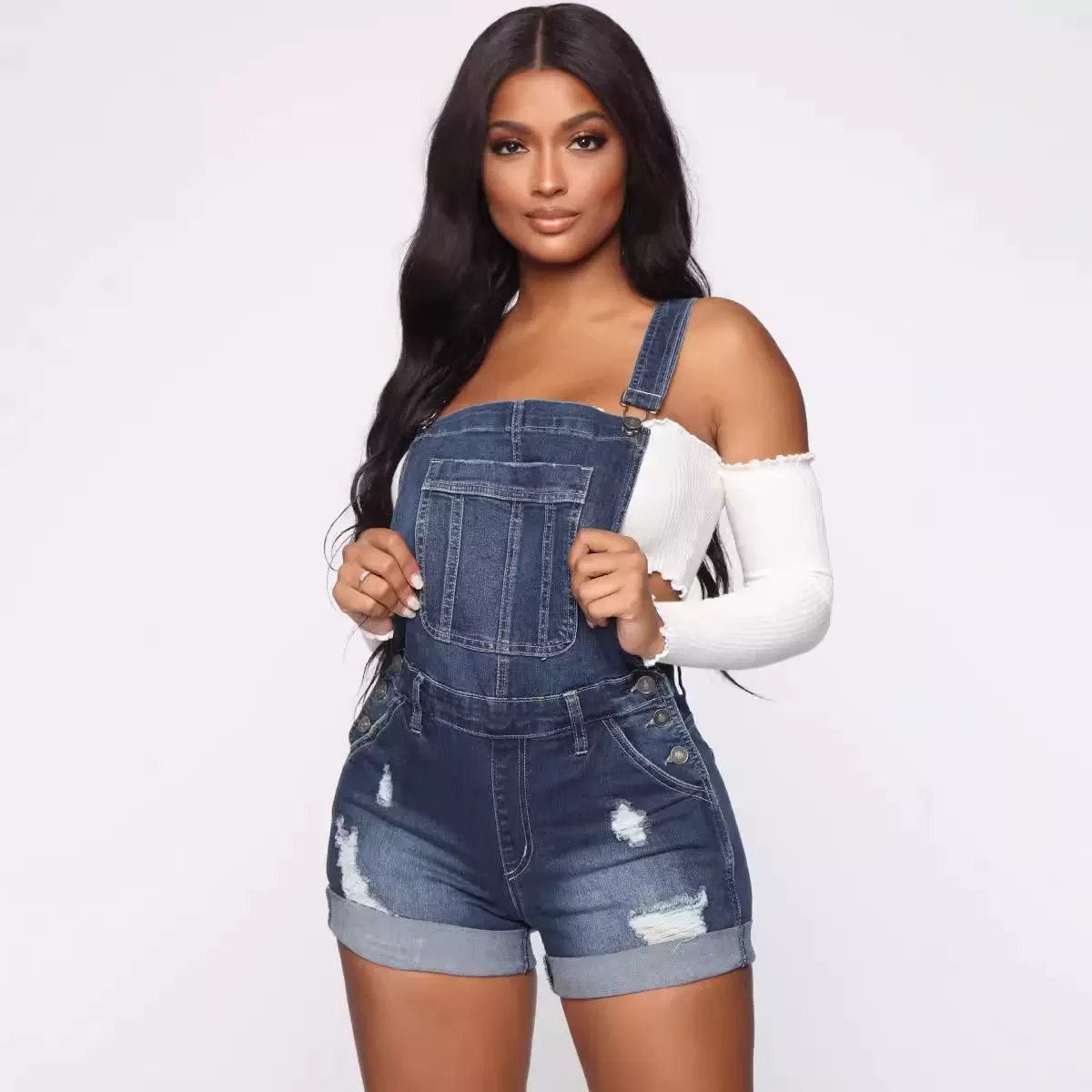 2019欧美弹力破洞背带牛仔短裤连体衣Denim Jumpsuits