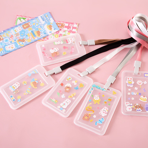 Cartoon sticker transparent pp solid color card holder single shell student lanyard bus access card holder candy color lanyard