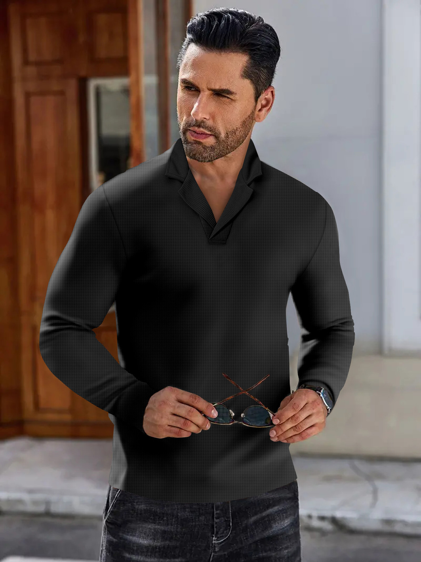 Polo a manica lunga da uomo in maglia a nido d'ape business_voghion.com