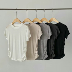 テンセルウールピンチプリーツラウンドネック半袖Tシャツレディース右肩ウエストショートトップドレープ薄手通気性スモールウエストT
