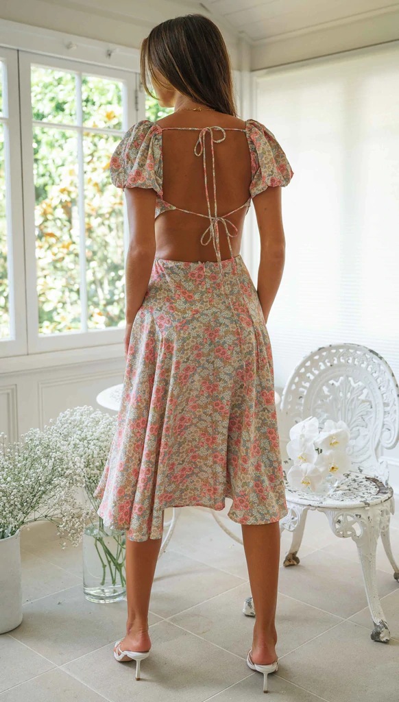 floral print short-sleeved v-neck backless lace-up midi dress  NSCXY121970