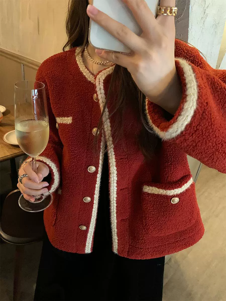 红色小香风羊羔毛绒外套女设计感小众上衣秋冬新款加绒加厚羊羔绒