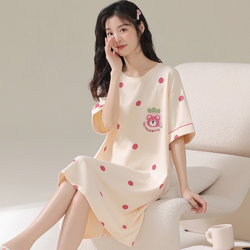 Summer Pajamas for Women, Cotton Short-Sleeved, Large Size, Mid-Length, Korean Style Nightgown, Thin, Loose-Fitting Home Clothes That Can Be Worn Outside in Summer Summer Pajamas for Women, Cotton Short-Sleeved, Large Size, Mid-Length, Korean Style Nightgown, Thin, Loose-Fitting Home Clothes That Can Be Worn Outside in Summer