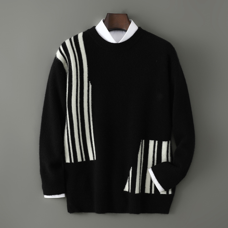 100% Merino Wool Sweater for Men, Round Neck, Color-Blocking, Fashionable, Youth Style, Knitted, Warm Base Layer Sweater, Factory Wholesale