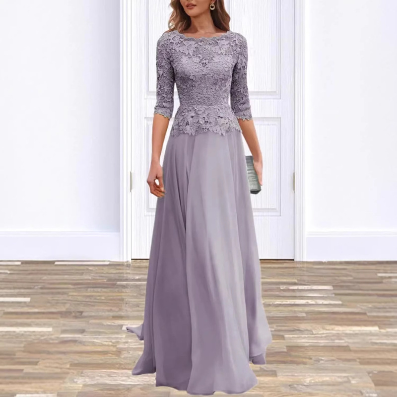 Formal Party Evening Dress Elegant Lace Appliqué Half-Sleeve Chiffon Wedding Guest Dress European and American Cross-Border Formal Party Evening Dress Elegant Lace Appliqué Half-Sleeve Chiffon Wedding Guest Dress European and American Cross-Border
