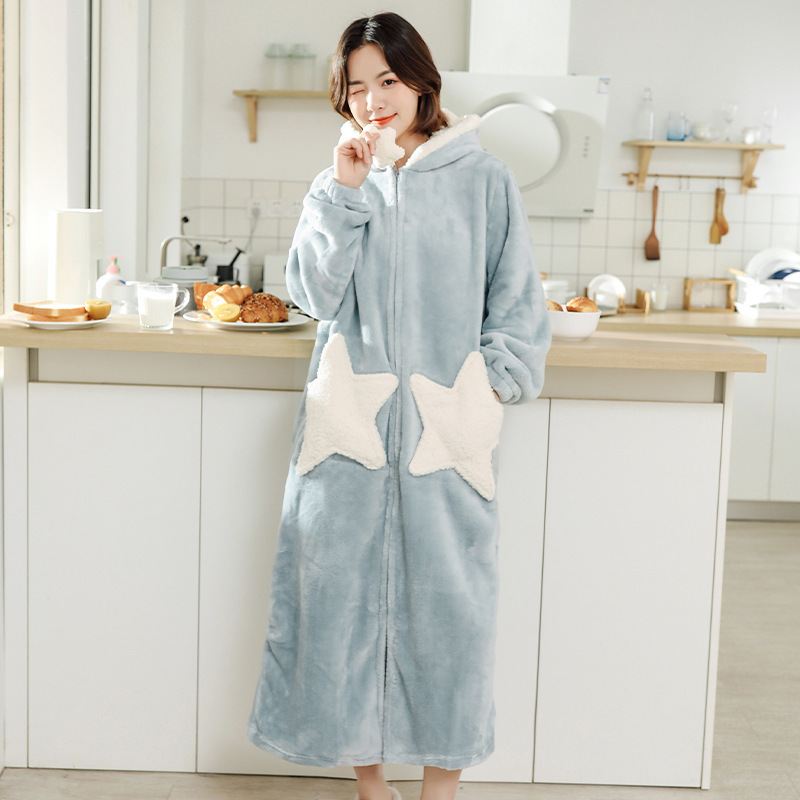 秋冬长款家居服连帽珊瑚绒加厚保暖睡衣大码睡袍女星星睡裙amazon|undefined