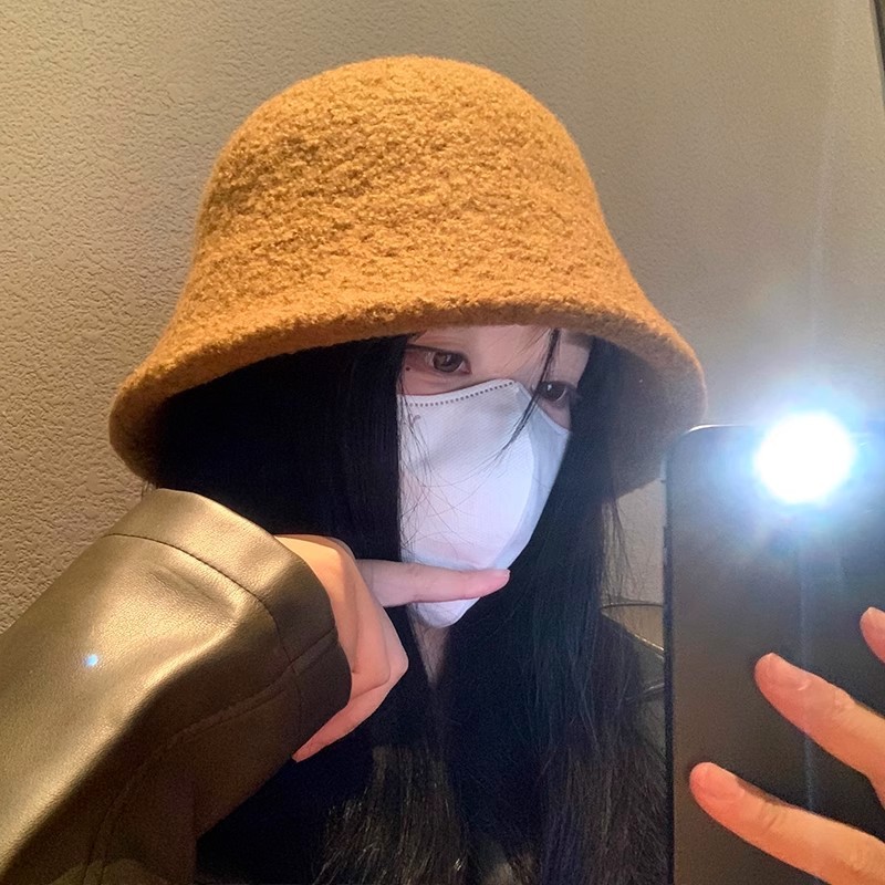 羊羔毛水桶帽女新款日系显脸小渔夫帽纯色时尚韩系百搭盆帽高级感|undefined