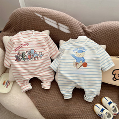 0-2歲春款中性風格嬰幼兒衣服 色織條紋小熊潮款男女寶哈衣爬爬服