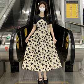 法式玫瑰碎花连衣裙女夏季新款女装气质显瘦假两件桔梗泡泡袖女装
