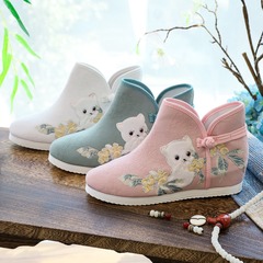 Ankle Boots for Adults, Short Boots with Embroidery for Girls, Fabric Boots, Embroidered Cloth Shoes, Flat-soled Boots with Embroidery