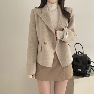 South Korea chic autumn and winter elegant suit collar double-breasted loose all-match long sleeve warm short woolen coat for women