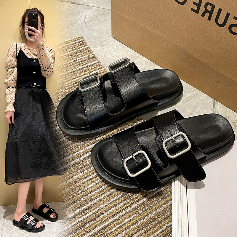 Nuevo slip-on zapatillas de primavera para mujer Plataforma de nicho moda al aire libre zapatillas perezosas hebilla de cinturón casual