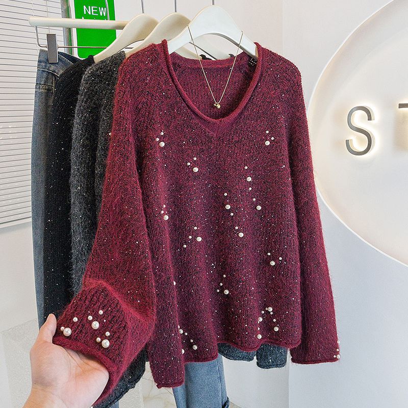 Korean-Style Heavy Beaded Sequin Collar Knit Sweater, Autumn and Winter Large Size Rolled Edge New Loose Slimming Youthful Sweater Style Korean-Style Heavy Beaded Sequin Collar Knit Sweater, Autumn and Winter Large Size Rolled Edge New Loose Slimming Youthful Sweater Style