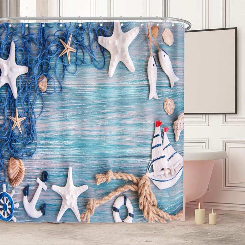 Shower curtain for bathroom, cross-border rustic vintage style, starfish polyester thickened shower curtain, digital printing as per design Shower curtain for bathroom, cross-border rustic vintage style, starfish polyester thickened shower curtain, digital printing as per design