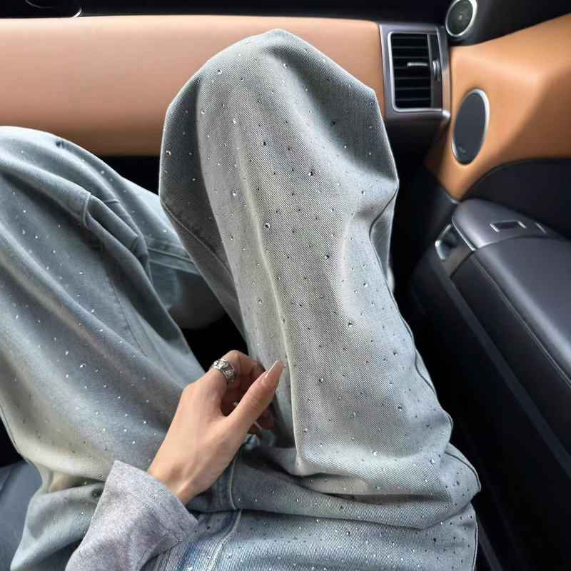 Light Blue Straight Jeans for Women 2025 Spring & Fall New Style Hot Diamond Design High Waist Loose Slimming Look Narrow Wide Leg Pants