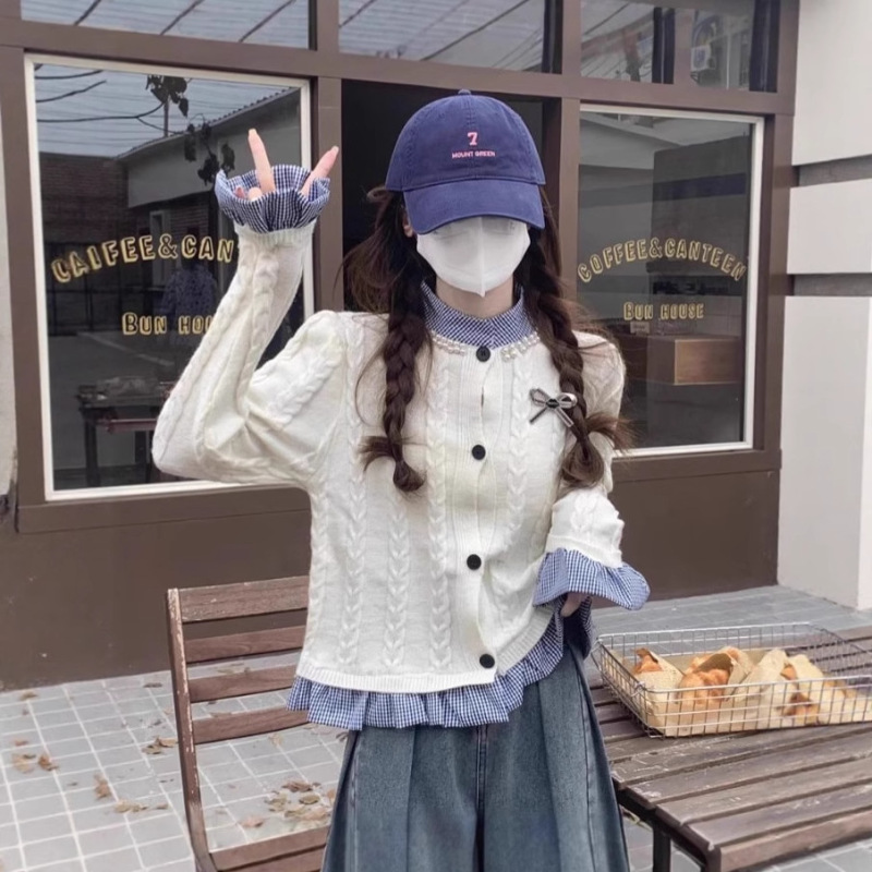 纯欲蝴蝶结假两件木耳边女秋季珍珠设计感针织衫短款拼色长袖上衣|undefined