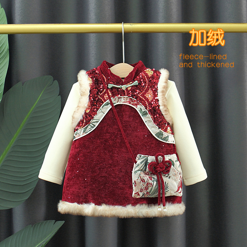 爆卖款女童中国风套装冬装加绒女宝唐装汉服新年喜庆拜年服两件套