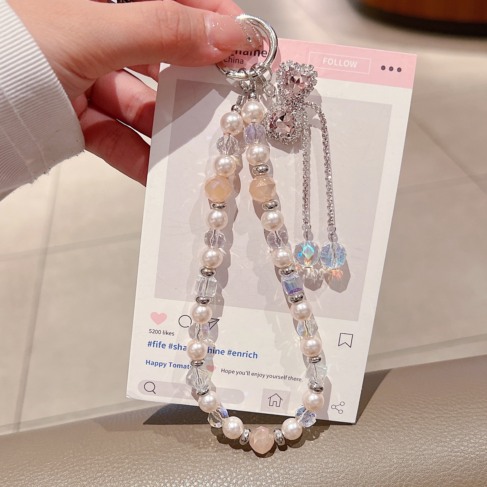 Lujo ligero Diamante Flash Mariposa Colgante Caja del teléfono móvil Cordón Perla de cristal Bolsa con cuentas Cadena borla Cadena de mano fresca