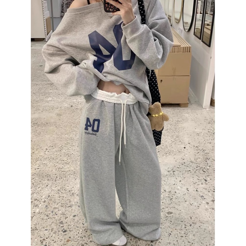 Early Autumn Long-sleeved Collar Shoulder Sweatshirt suit Women's 2024 New Wide-leg Pants Casual Sports Style Two-piece Set