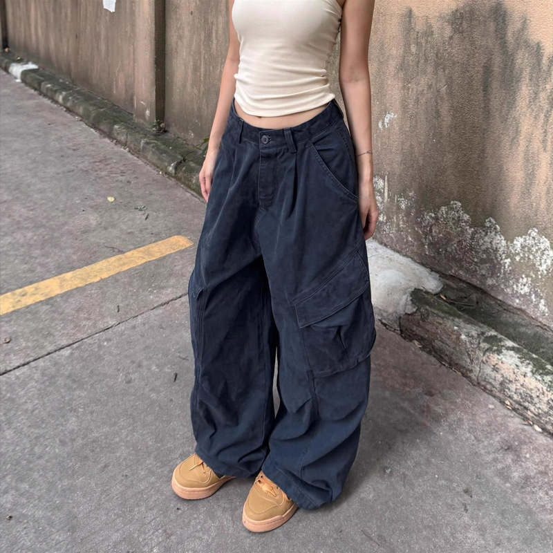 2026 American Retro Straight Loose Pocket Cargo Pants for Women, Wide Floor-Length Hip-Hop Jazz Street Dance Pants for Men and Women