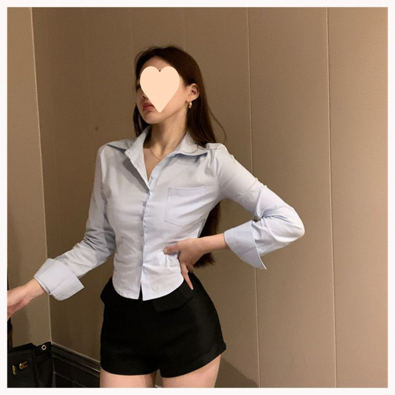秋の純粋な欲望ホットガールスタイルスリムウエスト痩身ショートセクシーな白シャツ女性の長袖フロントワークウェア|undefined