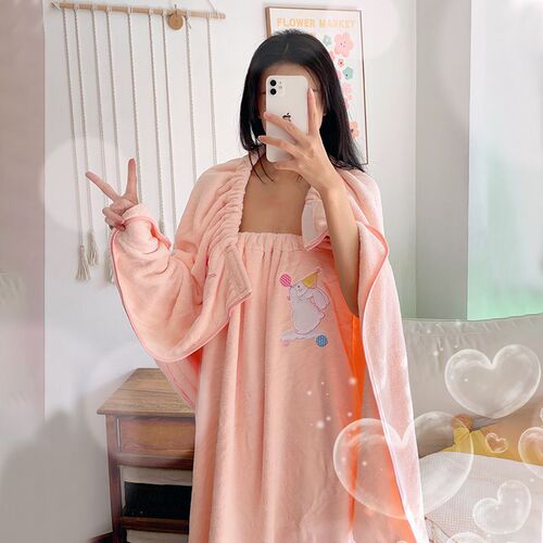 Cute rabbit bath skirt wrap coral fleece girls' bath towel and hair cap three-piece set soft and absorbent new style bathrobe