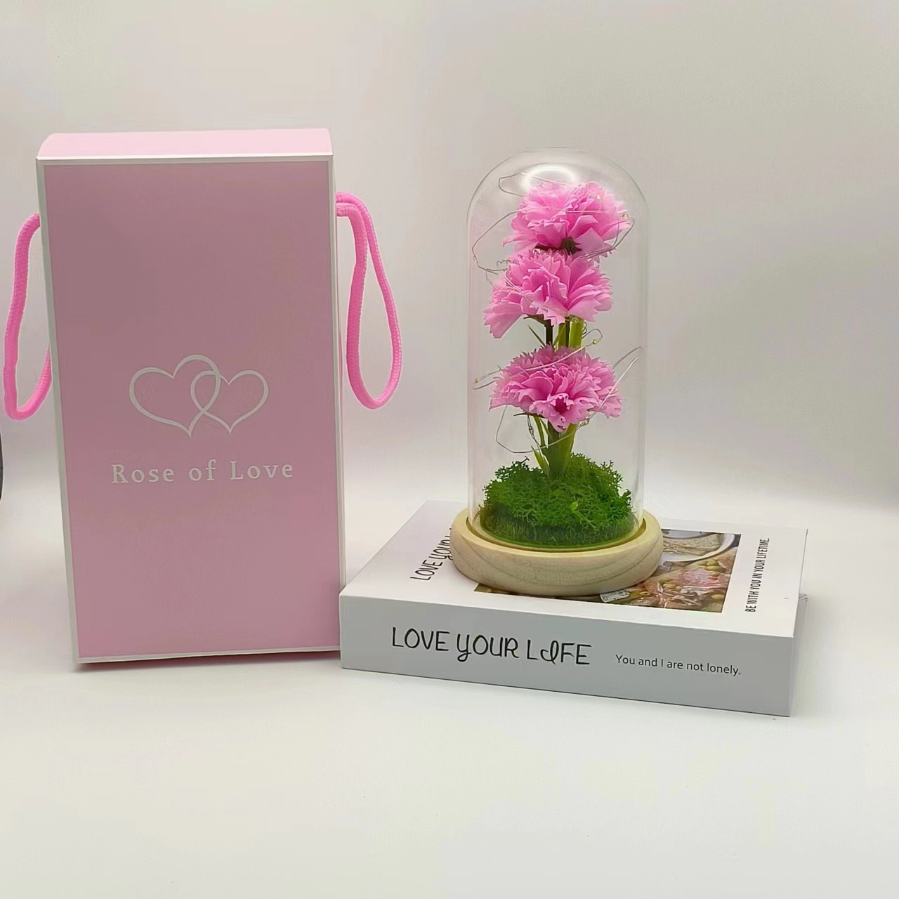 520 Gift: Eternal Flower Gift Box, Bouquet of Dried Flowers with Glass Dome—Roses & Carnations for Mother’s Day, Birthday, or Valentine’s Day