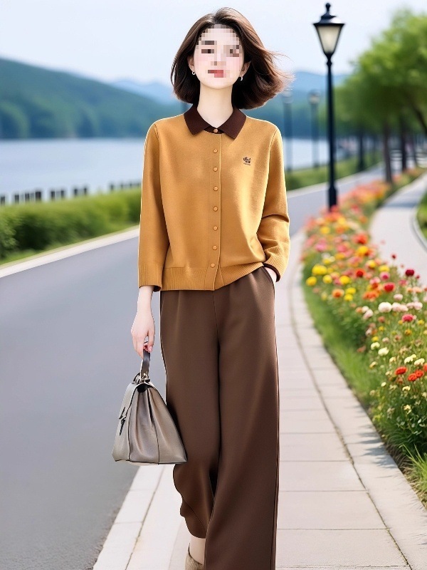 今年流行百搭2025年新款洋气撞色薄款翻领针织衫+直筒裤两件套秋|undefined