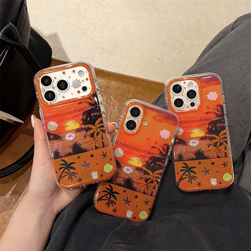 Korean Style Sunset and Coconut Tree Design Suitable for iPhone 17 Pro Max, Apple 16 Phone Case, 15 Full Coverage Double Layer Korean Style Sunset and Coconut Tree Design Suitable for iPhone 17 Pro Max, Apple 16 Phone Case, 15 Full Coverage Double Layer