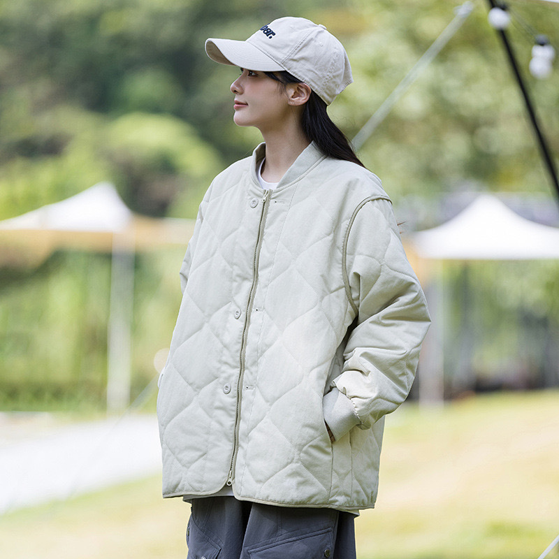 황야 공간 GRASS SPACE 일본식 레트로 다이아몬드 플레이드 코튼 패딩 코트 여자 겨울 경량 야구 면 패딩 코트