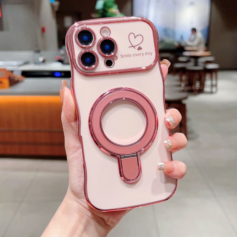 iPhone17Promax対応 波型ハート型スマホケース Apple15対応 メッキ磁気スタンド付き 落下防止保護ケース|undefined