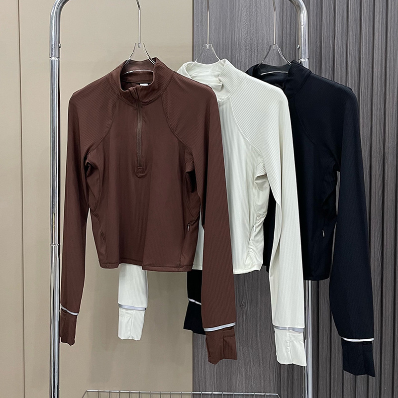 Summer Ribbed It'Srulu Women's Half-Zip Sports Top High-Elastic Yoga Long-Sleeve T-Shirt High Elasticity