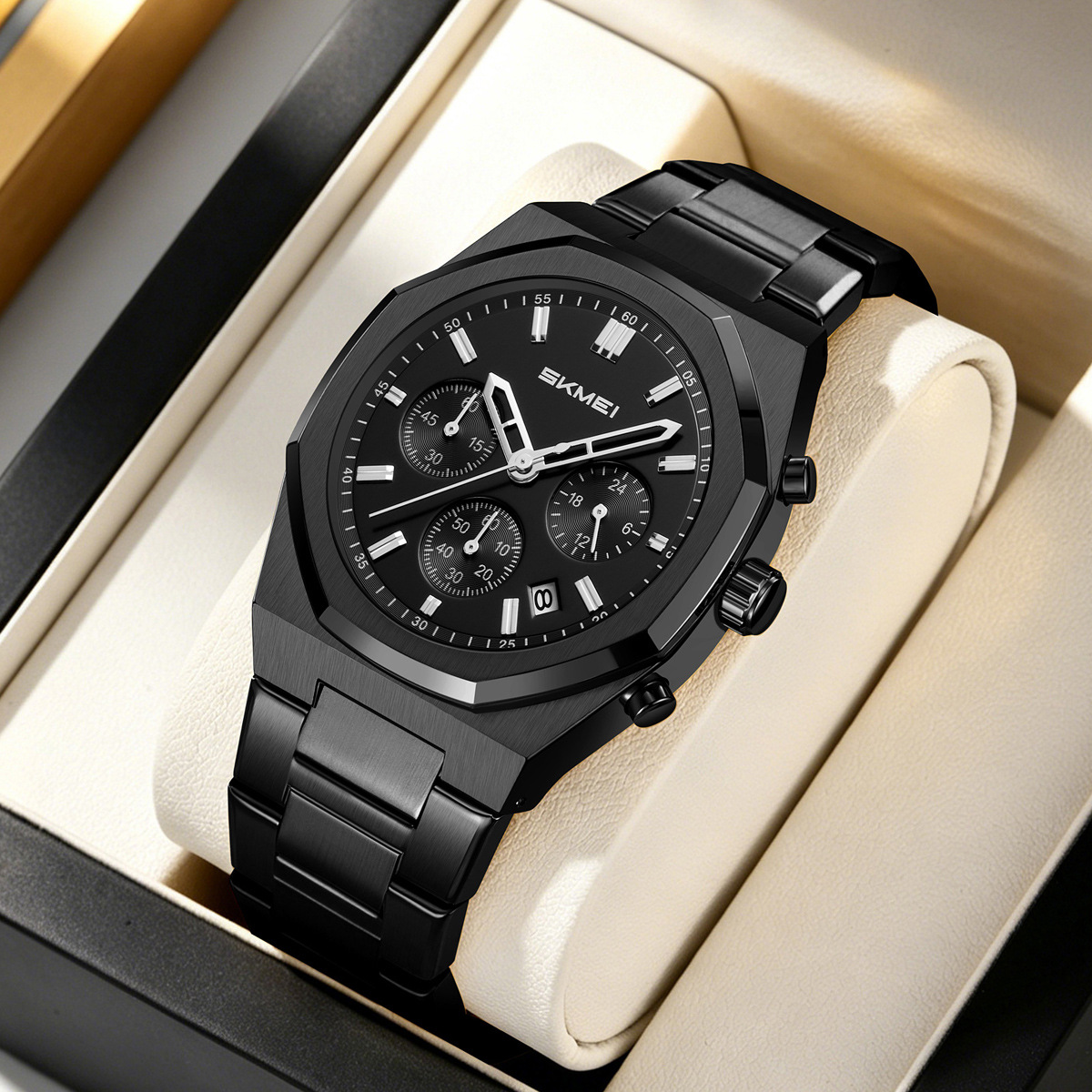 Momento de acero de octogón cronógrafo de cuarzo hombre impermeable relojes de negocios regalos personalizados mayoristas transfronterizos