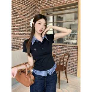 Real shot plus size 2025 summer new academic style fake two-piece polo collar short sleeve front shoulder slimming all-match top