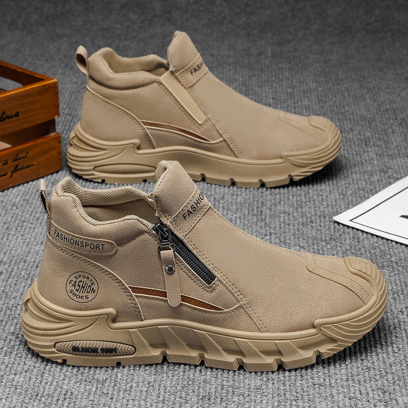 2025 Autumn New Trendy Men's Non-Slip Workwear Versatile Men's Shoes High-Top Zipper Slip-On Thick-Soled Casual Shoes