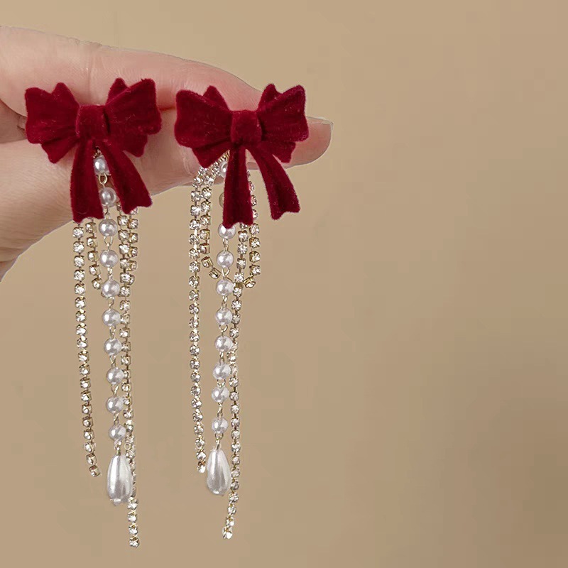 Retro Autumn and Winter Flocked Red Bow Pearl Tassel Earrings for Women New Fashion High-End Popular Ear Jewelry Retro Autumn and Winter Flocked Red Bow Pearl Tassel Earrings for Women New Fashion High-End Popular Ear Jewelry