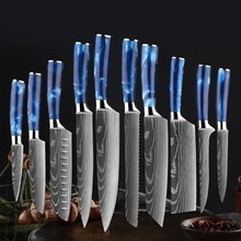 亚马逊跨境刀具套装不锈钢蓝色树脂手柄大马士革纹厨师刀套装刀具