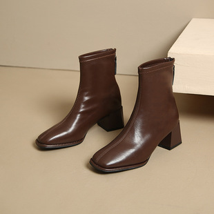 5566 autumn and winter fashion short boots 2024 new fleece-lined square head thick heel thin back zipper low boots women's boots