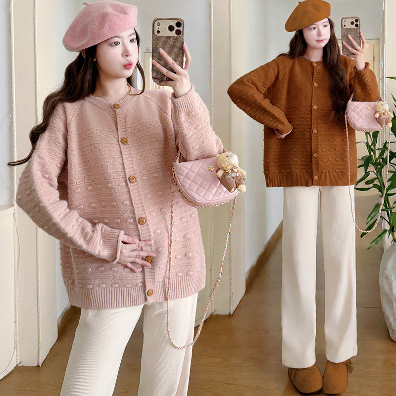 Maternity coat 2026 autumn and winter maternity knitted jacquard cardigan loose oversized sweater top