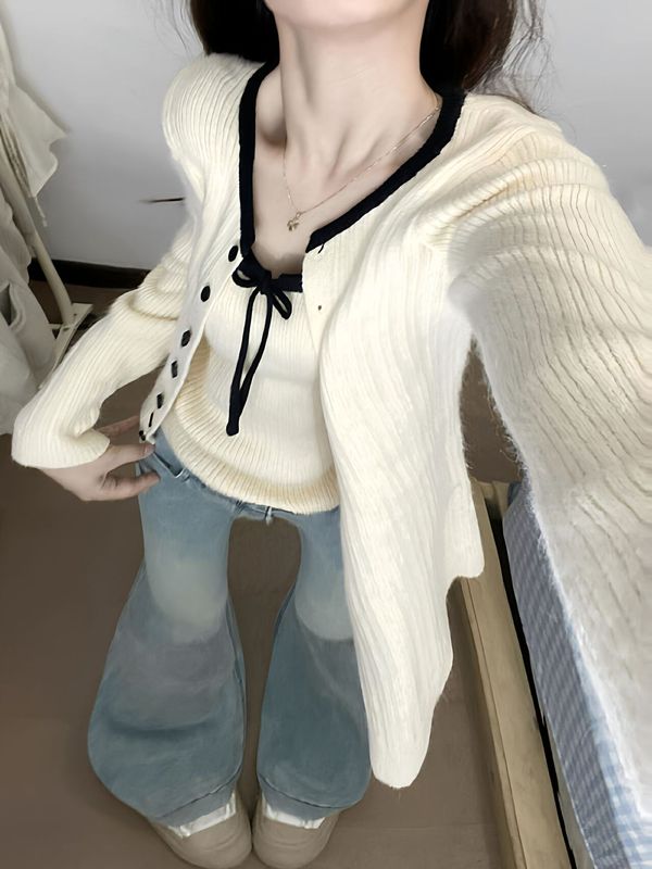 韩系针织开衫配吊带女早秋季新款软糯毛衣外套外搭上衣氛围感穿搭|undefined
