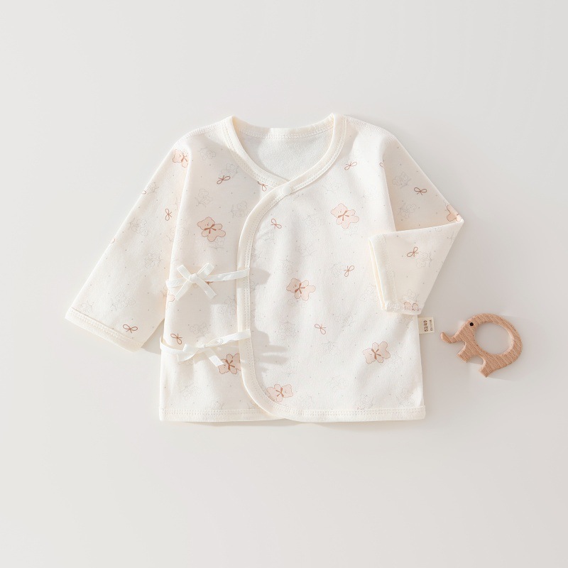 Newborn baby clothes, long-sleeved tie-up top, spring and autumn full-back monk-style outfit for newborns, seamless pure cotton baby maternity room clothing