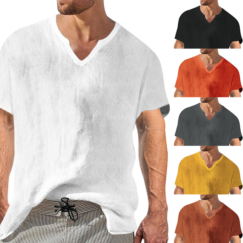 2023 cross-border foreign trade summer linen men's V-neck short-sleeved shirt casual trendy cotton and linen shirt T-shirt top Now