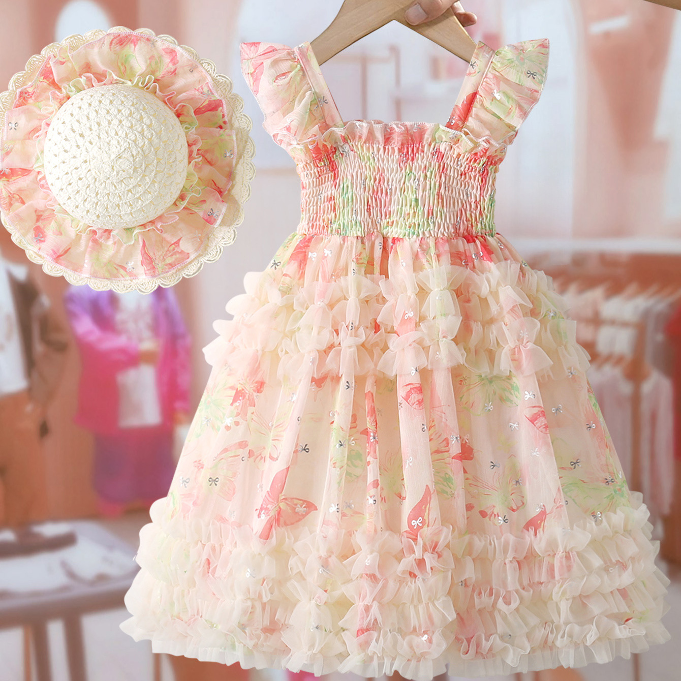 Girls' Vest Mesh Dress 2026 New Summer Style Little Girl Butterfly Flower Sleeveless Puffy Princess Dress