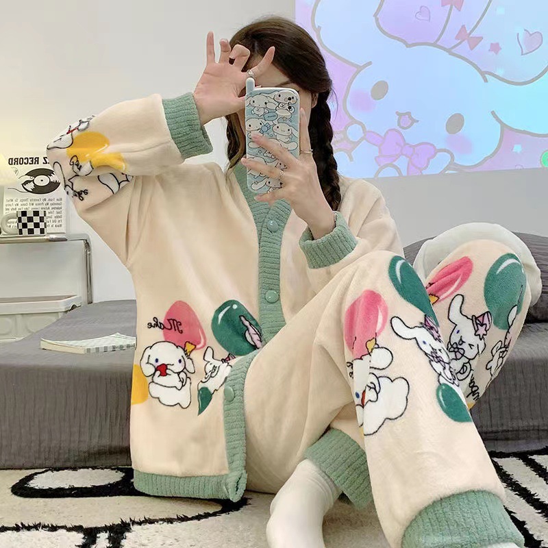 Pijamas de lana de coral mujeres otoño invierno mangas largas 2025 nuevo engrosado calentamiento cardigán de dibujos animados flanel dos piezas conjunto