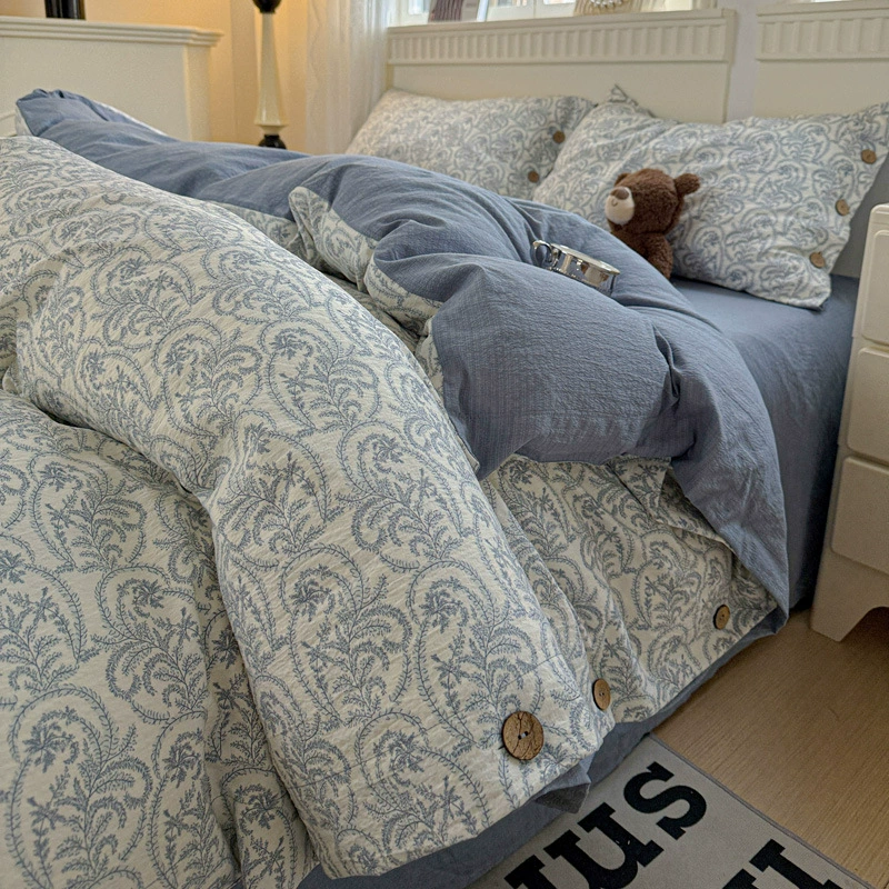 Хлопковый комплект из четырех предметов из необработанного льна с цветочным принтом в стиле ретро на пуговицах, простыня из чистого хлопка, односпальный пододеяльник, комплект постельного белья из трех предметов для общежития