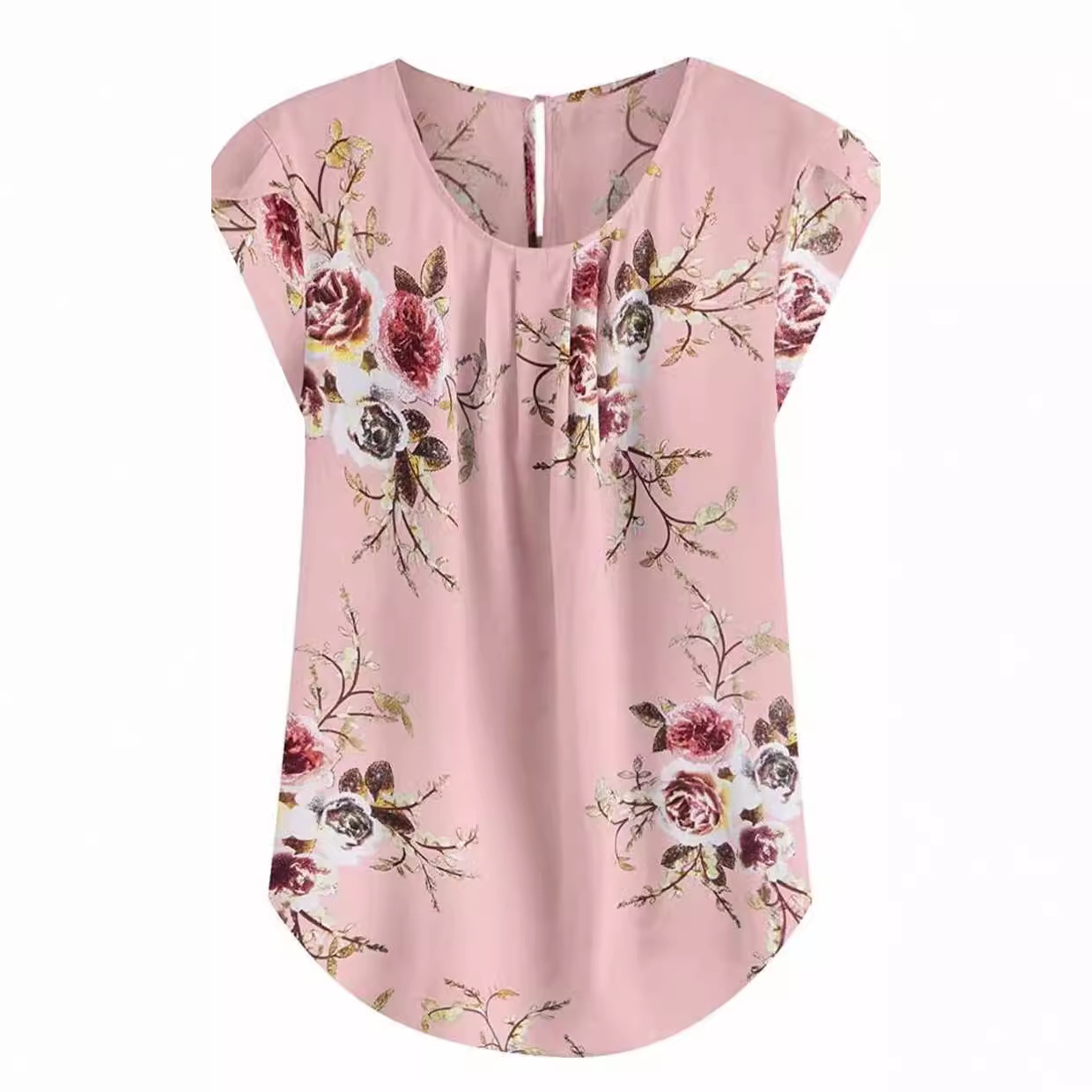 Cross-border 2025 camisa de cuello redondo casual de mujer flor de pliegue delgada venta rápida TONGWISH impresión camisa de manga corta image 4