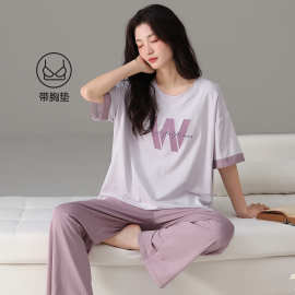 带胸垫睡衣女纯棉新款棉短袖长裤柔软舒适家居服带胸垫时尚小个子